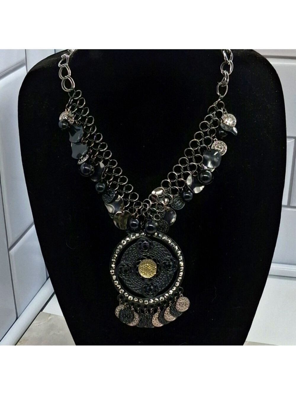 Black and Gold Sparkling Disc  Necklace 16" + EXTENDER